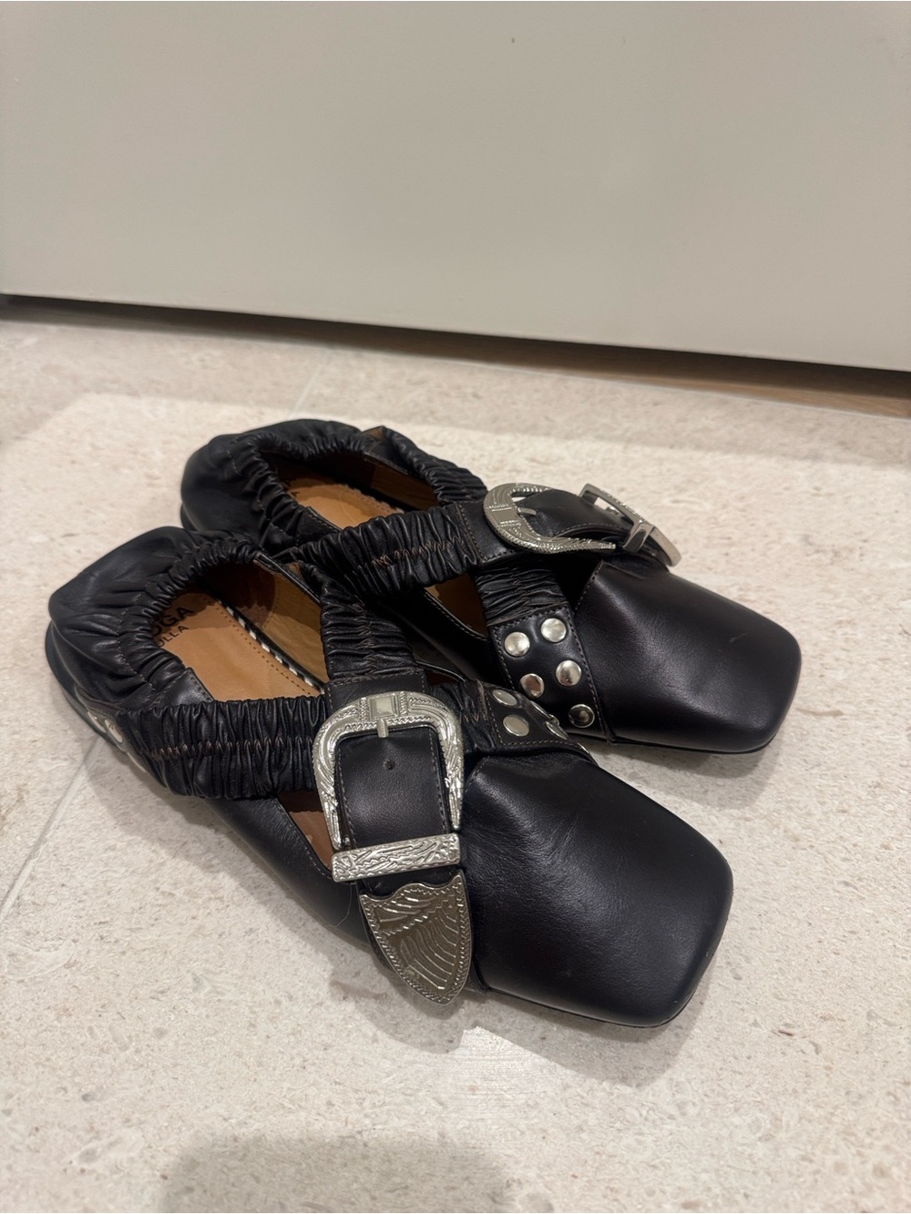 TOGA Pulla Black Leather Buckle Stud Ballet Flats